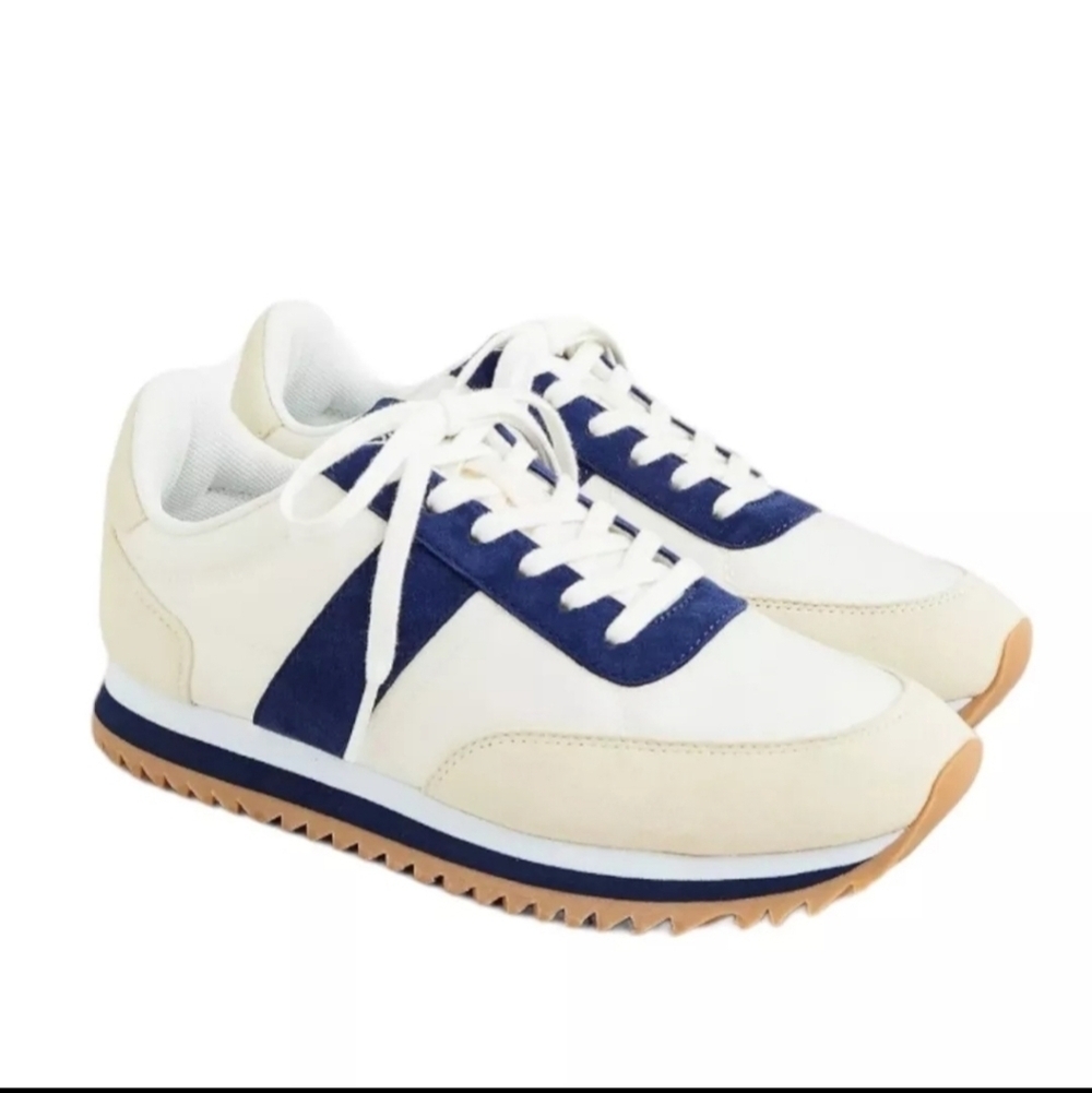 J. Crew, ColorblockTrainers,Suede Lace Up Sneakers,Ivory/Navy, Size 9.5 (9H)